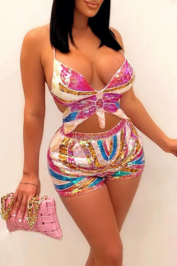 Rose Red Sexy Sequins Patchwork Frenulum Backless Asymmetrical Sleeveless Two Pieces