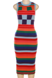 Colour Fashion Striped Patchwork O Neck Pencil Skirt Dresses