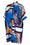 Rose Red Fashion Casual Print Patchwork Buckle Turndown Collar Straight Dresses