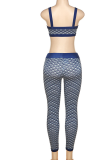 Deep Blue Sexy Print Patchwork Spaghetti Strap Sleeveless Two Pieces
