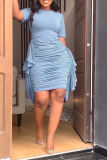 Royal Blue Fashion Solid Flounce Fold O Neck Pencil Skirt Dresses