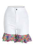 White Casual Print Patchwork Flounce High Waist Straight Patchwork Bottoms