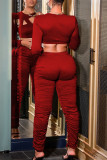 Red Sexy Solid Hollowed Out Patchwork O Neck Long Sleeve Two Pieces