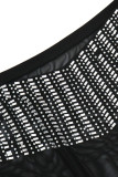 Black Sexy Solid Patchwork See-through Hot Drill O Neck Long Sleeve Two Pieces