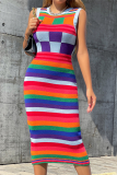 Colour Fashion Striped Patchwork O Neck Pencil Skirt Dresses