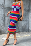 Colour Fashion Striped Patchwork O Neck Pencil Skirt Dresses