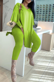 Fluorescent Color Fashion Solid High Opening V Neck Long Sleeve Two Pieces