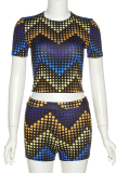 Blue Sexy Print Solid Patchwork O Neck Short Sleeve Two Pieces