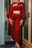Red Sexy Solid Hollowed Out Patchwork O Neck Long Sleeve Two Pieces