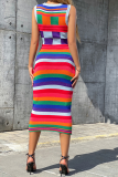 Colour Fashion Striped Patchwork O Neck Pencil Skirt Dresses