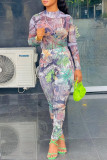 Multicolor Fashion Casual Print Patchwork O Neck Long Sleeve Two Pieces
