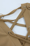 Brown Sexy Solid Tassel Bandage Patchwork Spaghetti Strap Regular Rompers