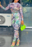 Multicolor Fashion Casual Print Patchwork O Neck Long Sleeve Two Pieces