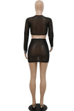 Black Sexy Solid Patchwork See-through Hot Drill O Neck Long Sleeve Two Pieces