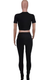 Black Fashion Print Hollowed Out O Neck Short Sleeve Two Pieces
