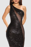 Apricot Sexy Solid Sequins Patchwork Oblique Collar Pencil Skirt Dresses