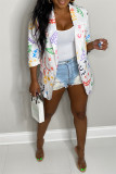Pale Red Fashion Casual Print Patchwork Cardigan Turndown Collar Outerwear