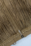 Brown Sexy Solid Tassel Bandage Patchwork Spaghetti Strap Regular Rompers