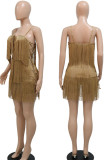 Brown Sexy Solid Tassel Bandage Patchwork Spaghetti Strap Regular Rompers