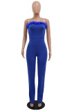 Blue Sexy Solid Patchwork Feathers Strapless Straight Jumpsuits