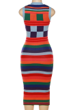 Colour Fashion Striped Patchwork O Neck Pencil Skirt Dresses