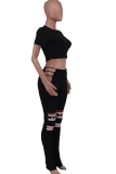 Black Fashion Print Hollowed Out O Neck Short Sleeve Two Pieces