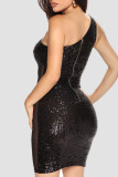 Apricot Sexy Solid Sequins Patchwork Oblique Collar Pencil Skirt Dresses
