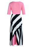 Pink Casual Print Bandage Patchwork V Neck Straight Dresses
