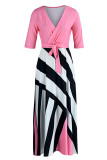 Pink Casual Print Bandage Patchwork V Neck Straight Dresses
