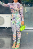 Multicolor Fashion Casual Print Patchwork O Neck Long Sleeve Two Pieces