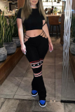 Black Fashion Print Hollowed Out O Neck Short Sleeve Two Pieces