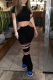 Black Fashion Print Hollowed Out O Neck Short Sleeve Two Pieces