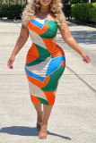 Tangerine Red Sexy Print Patchwork Strapless Pencil Skirt Dresses