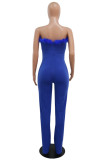 Blue Sexy Solid Patchwork Feathers Strapless Straight Jumpsuits