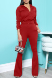 Red Casual Solid Patchwork Zipper Collar Long Sleeve Two Pieces
