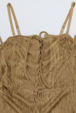 Brown Sexy Solid Tassel Bandage Patchwork Spaghetti Strap Regular Rompers