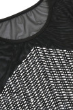 Black Sexy Solid Patchwork See-through Hot Drill O Neck Long Sleeve Two Pieces