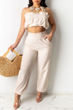 Apricot Sexy Solid Patchwork Fold Halter Sleeveless Two Pieces