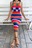 Colour Fashion Striped Patchwork O Neck Pencil Skirt Dresses
