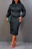 Black Fashion Casual Solid Patchwork Hooded Collar Long Sleeve Dresses