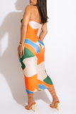 Tangerine Red Sexy Print Patchwork Strapless Pencil Skirt Dresses