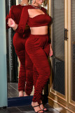 Red Sexy Solid Hollowed Out Patchwork O Neck Long Sleeve Two Pieces