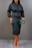 Black Fashion Casual Solid Patchwork Hooded Collar Long Sleeve Dresses