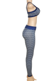 Deep Blue Sexy Print Patchwork Spaghetti Strap Sleeveless Two Pieces