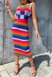 Colour Fashion Striped Patchwork O Neck Pencil Skirt Dresses