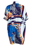 Rose Red Fashion Casual Print Patchwork Buckle Turndown Collar Straight Dresses