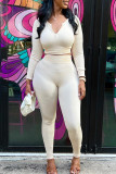 Apricot White Fashion Casual Solid Patchwork V Neck Long Sleeve Two Pieces