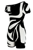 Black Fashion Sexy Print Patchwork Oblique Collar Regular Rompers