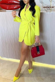 Yellow Fashion Casual Solid Bandage Patchwork V Neck Long Sleeve Dresses