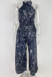 Royal Blue Casual Print Patchwork Half A Turtleneck Straight Jumpsuits